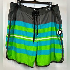 Hurley Men’s Phantom Teal, Lime & Gray Striped Swim Board Shorts Size 36/L